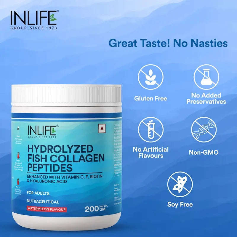 Inlife Hydrolyzed Fish Collagen Peptides Supplement | Enhanced with Vitamin C, Biotin, Hyaluronic Acid, 200gms