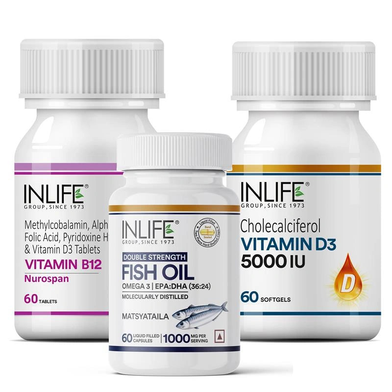 Vitamin B12, Fish oil & Vitamin D3 5000 IU Combo | Support Bone, Heart & Nerve