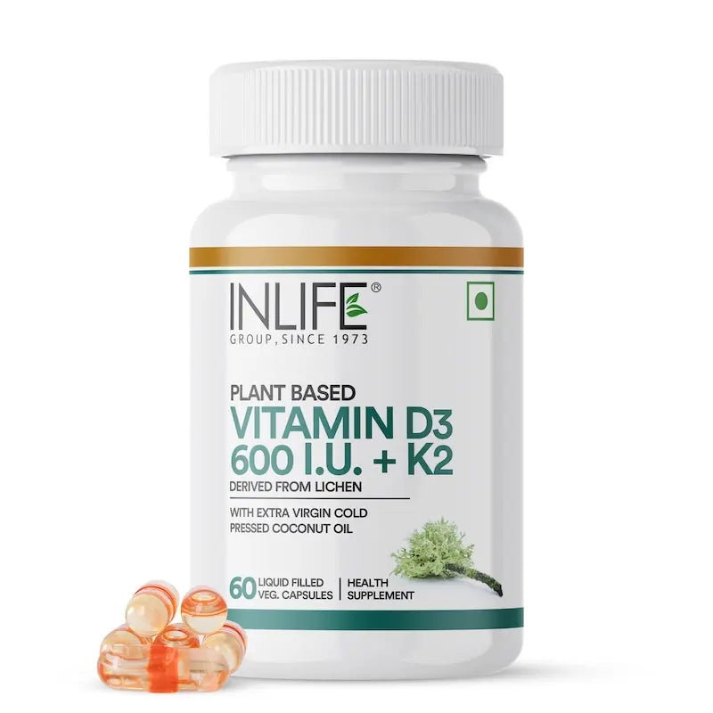 Inlife Plant Based Vitamin D3 K2 Supplement, Lichen Source, 600 IU | 60 Veg. Capsules