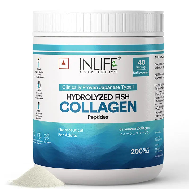 Inlife  Hydrolyzed Japanese Marine Fish Collagen Peptides Powder, Clinically Proven Ingredient, 200g (Unflavoured)