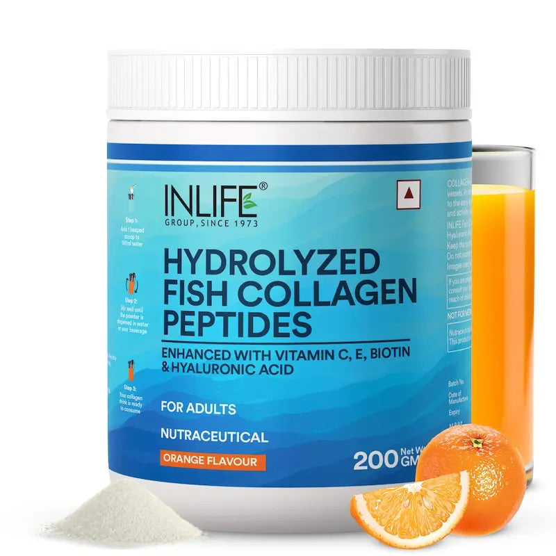 Inlife Hydrolyzed Fish Collagen Peptides Supplement | Enhanced with Vitamin E, Vitamin C, Biotin, Hyaluronic Acid 200g