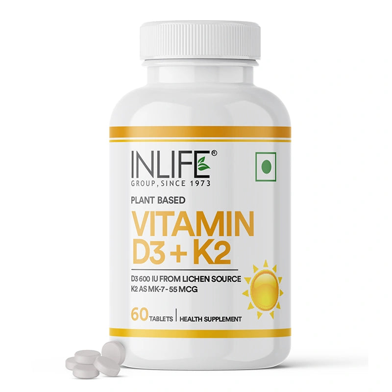 Inlife Plant-Based Vitamin D3 + K2 (MK7), 600 IU Lichen-Sourced D3 & 55 mcg MK7, Veg. Tablets