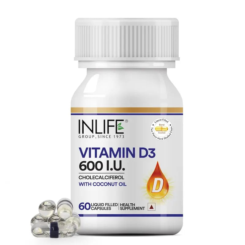 Inlife Plant Based Vitamin D3 K2 Supplement, Lichen Source, 600 IU | 60 Veg. Capsules