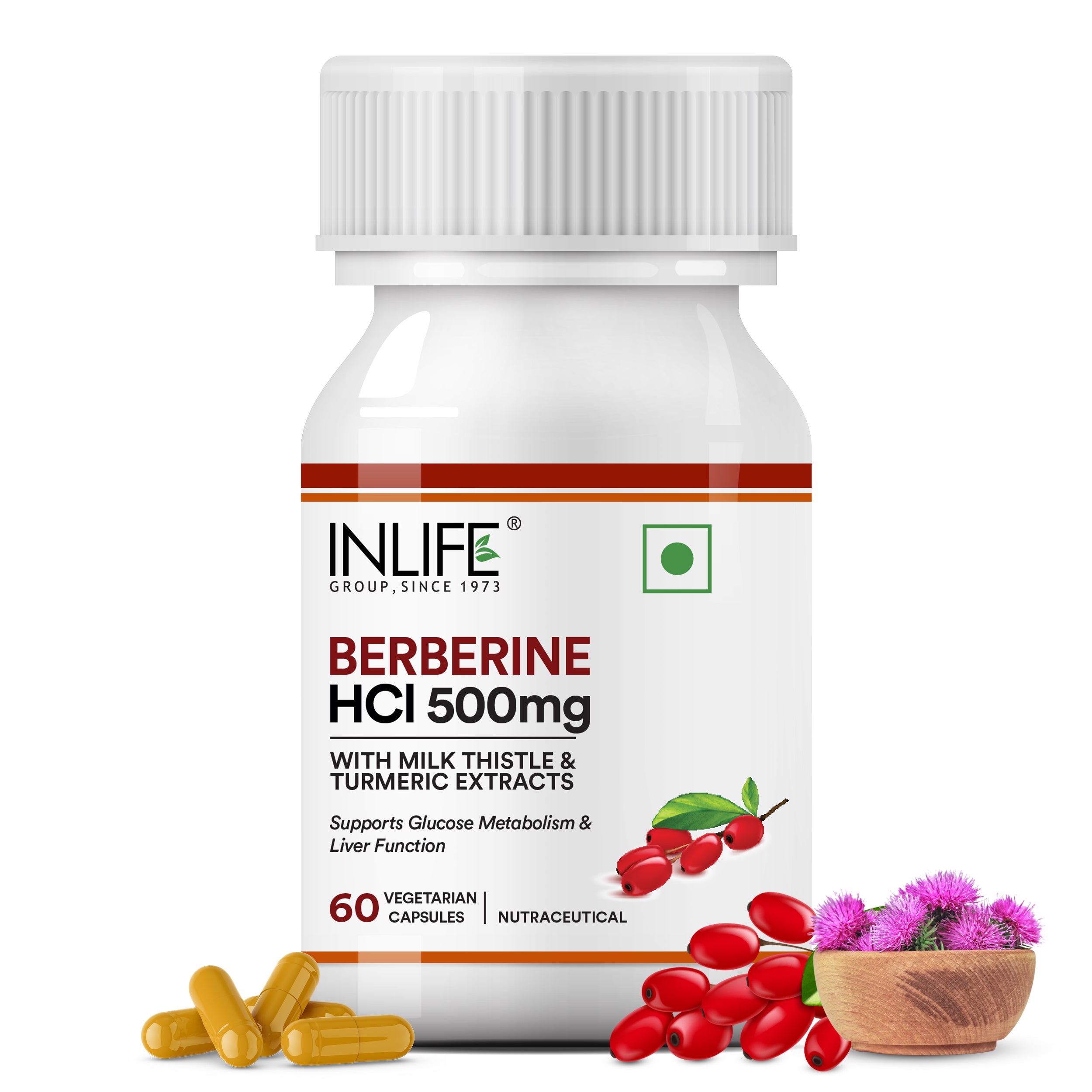 INLIFE Berberine Supplement with HCl 500mg, Milk Thistle & Turmeric | 60 Veg. Capsules