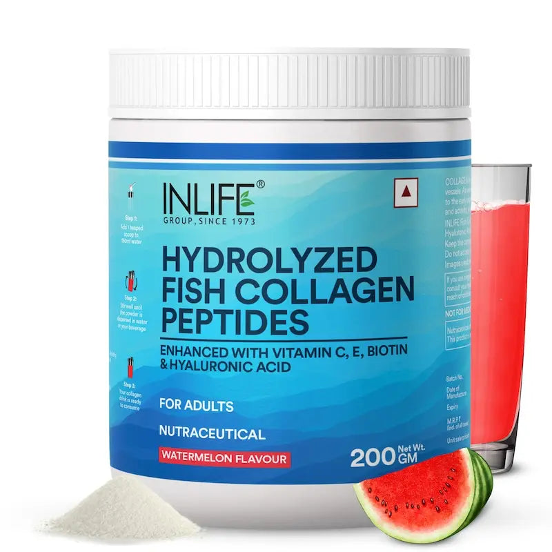 Inlife Hydrolyzed Fish Collagen Peptides Supplement | Enhanced with Vitamin C, Biotin, Hyaluronic Acid, 200gms