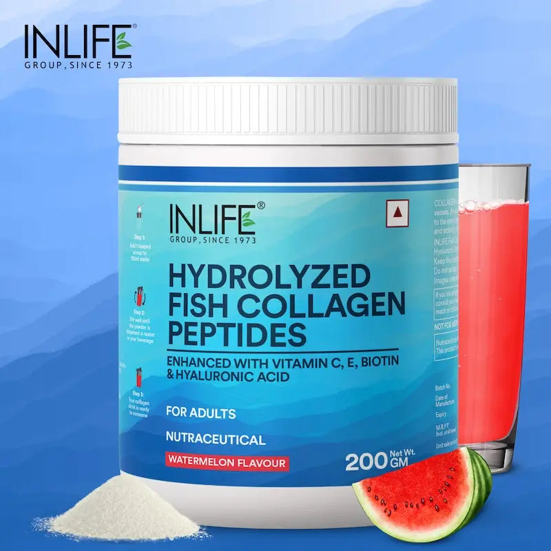 Inlife Hydrolyzed Fish Collagen Peptides Supplement | Enhanced with Vitamin C, Biotin, Hyaluronic Acid, 200gms