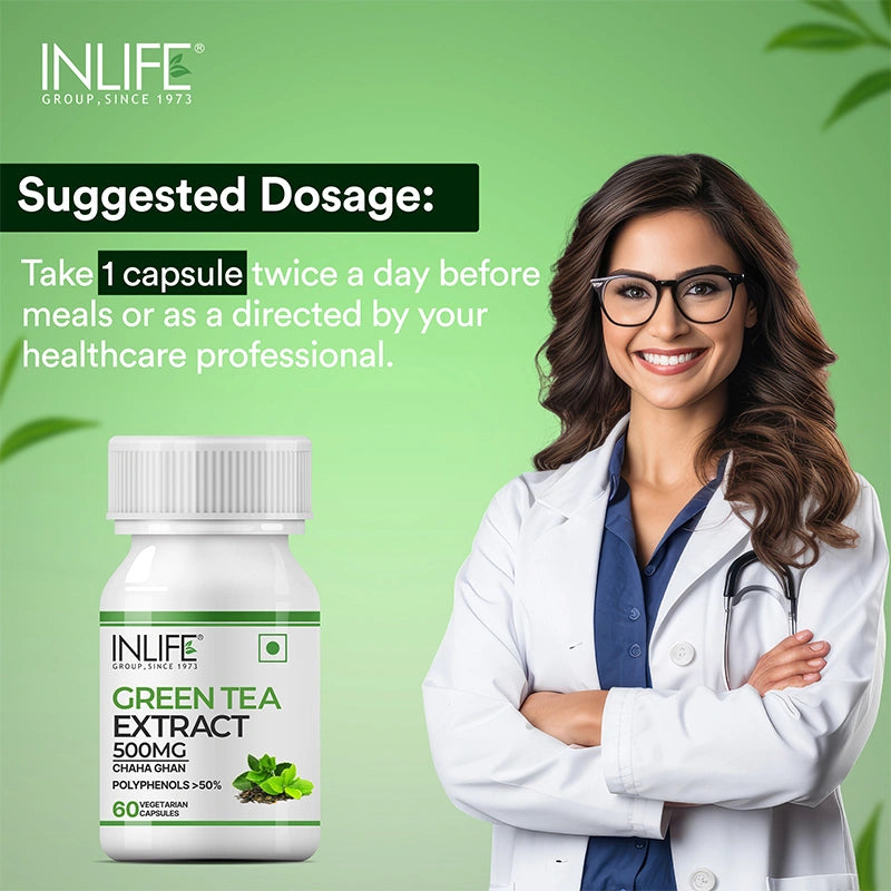 Inlife Green Tea Extract Supplement, 500 mg, Veg. Capsules