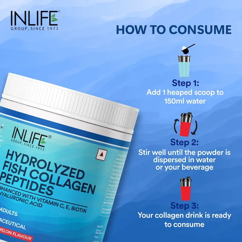 Inlife Hydrolyzed Fish Collagen Peptides Supplement | Enhanced with Vitamin C, Biotin, Hyaluronic Acid, 200gms