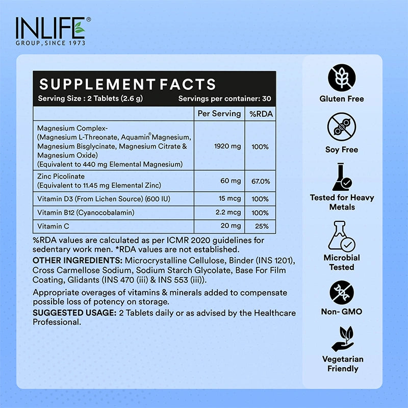 INLIFE Magnesium complex supplement facts with nutritional info, serving size, dietary claims, testing info