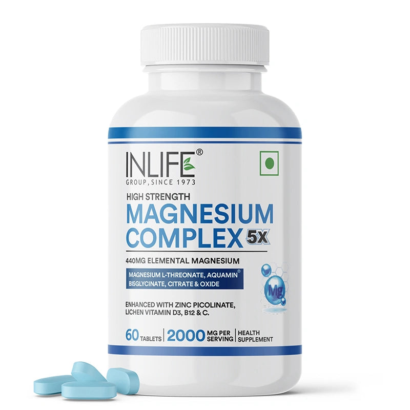 Bottle of 60 High strength 2000mg vegetarian INLIFE magnesium 5x complex tablets with added zinc, vit. D3 & B12