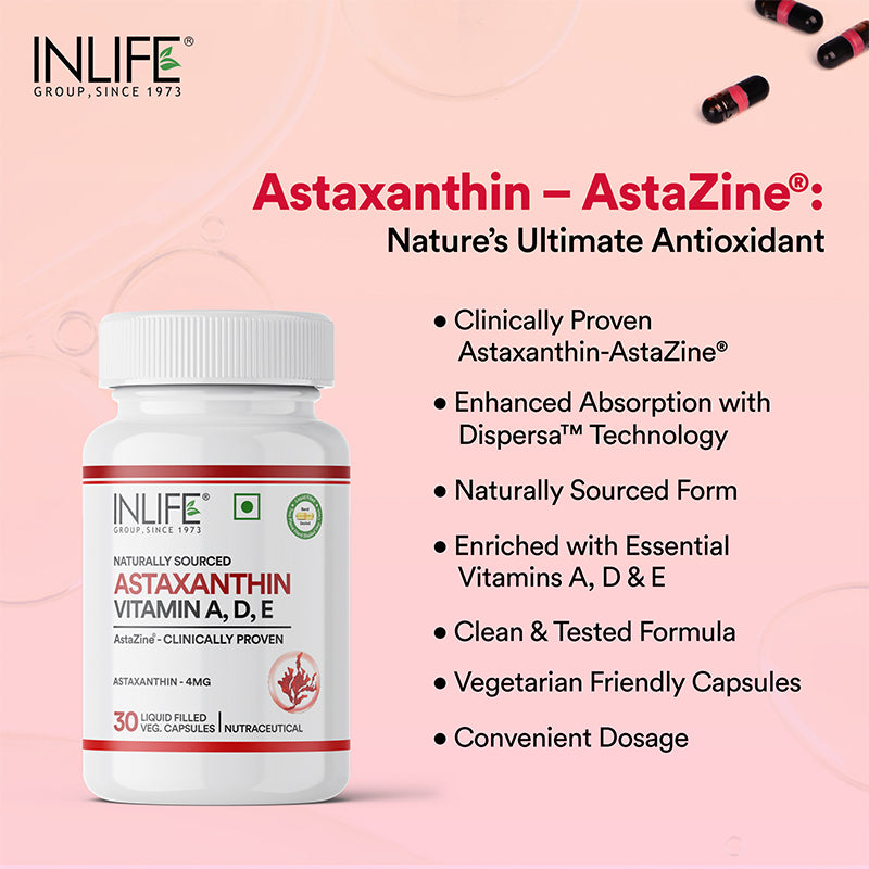 Inlife Astaxanthin contains clinically studied Astazine®, enhanced with Dispersa® technology, enriched with Vitamins A, D, and E, and offered in a convenient dosage form.