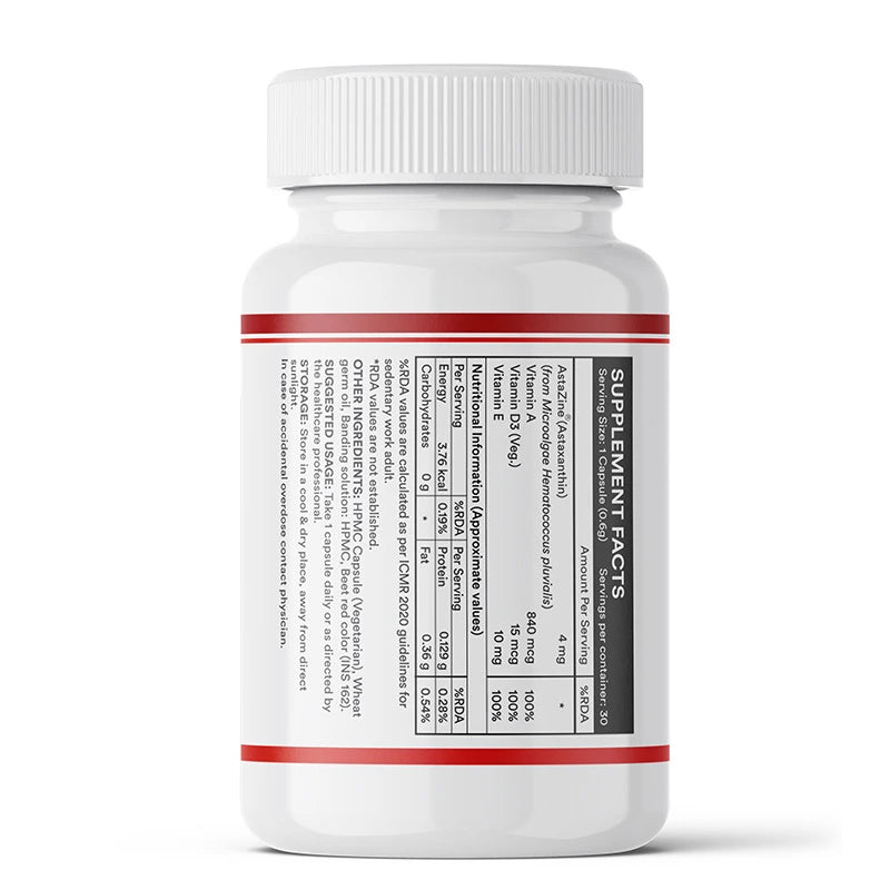INLIFE Astaxanthin supplement label on the bottle showing nutritional info, suggested usage and safety warnings