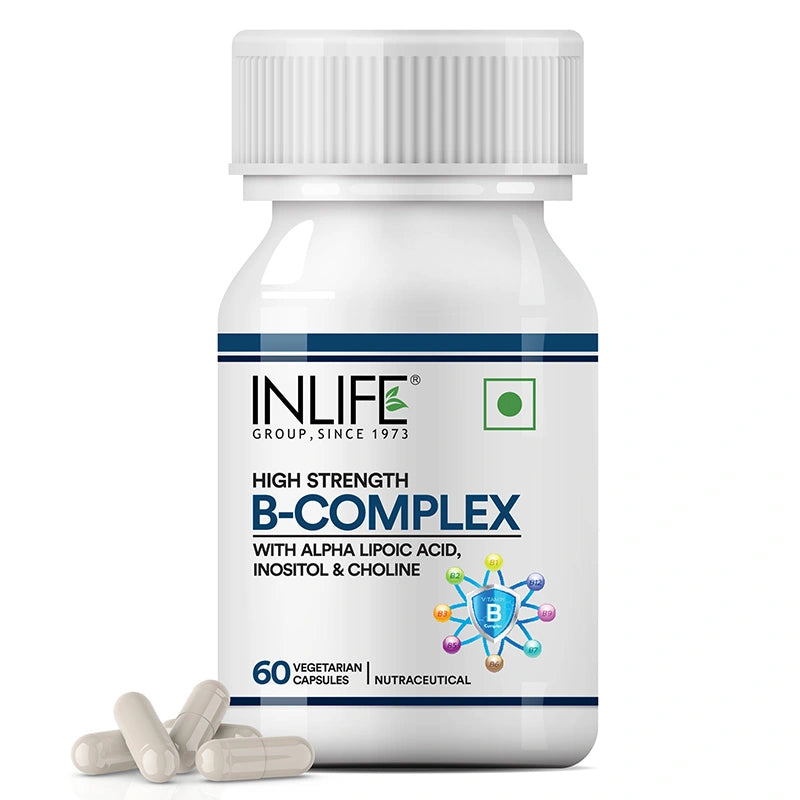 Bottle of 60 high strength INLIFE B-Complex capsules with added ALA, Inositol and Choline.