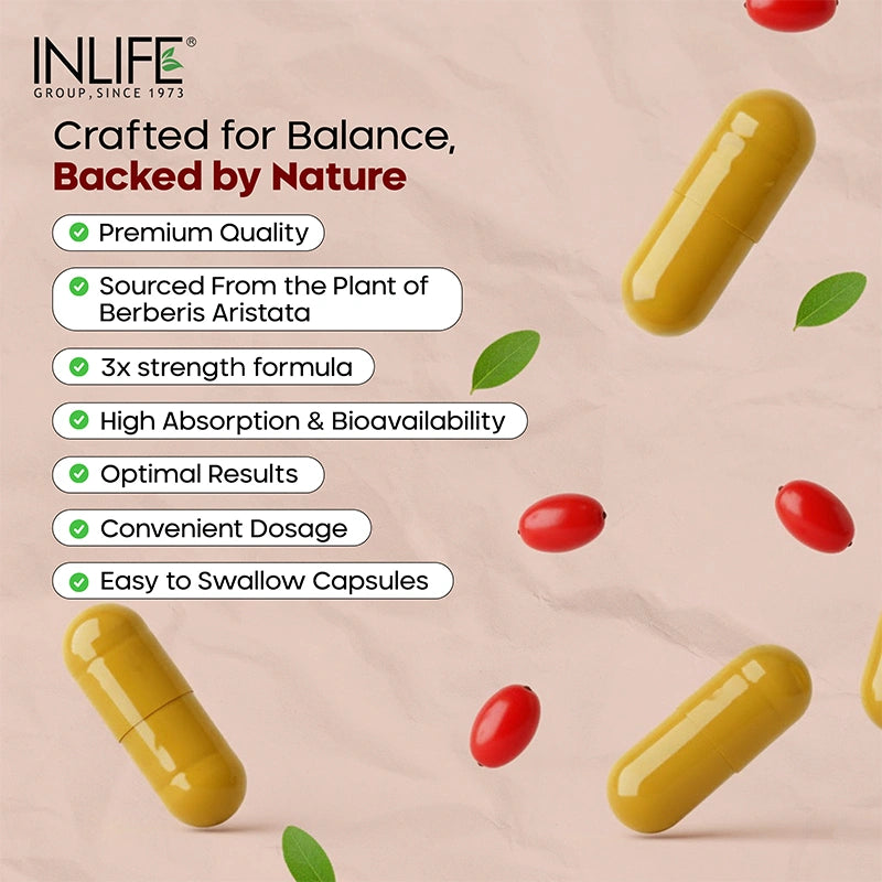 INLIFE Berberine HCL Capsules graphic, "Crafted for Balance, Backed by Nature." Key features include Premium Quality, Sourced from the Berberis Aristata Plant, 3x strength formula, High Absorption & Bioavailability, Optimal Results, and Convenient Dosage in easy-to-swallow capsules