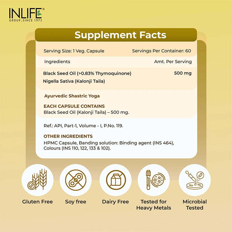 Inlife Black Seed Oil Capsules supplement facts icons