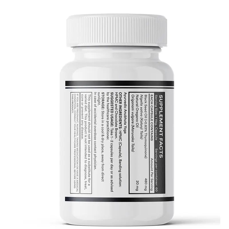 INLIFE Black Seed & Oregano Oil capsules label containing supplement facts, serving size and warnings