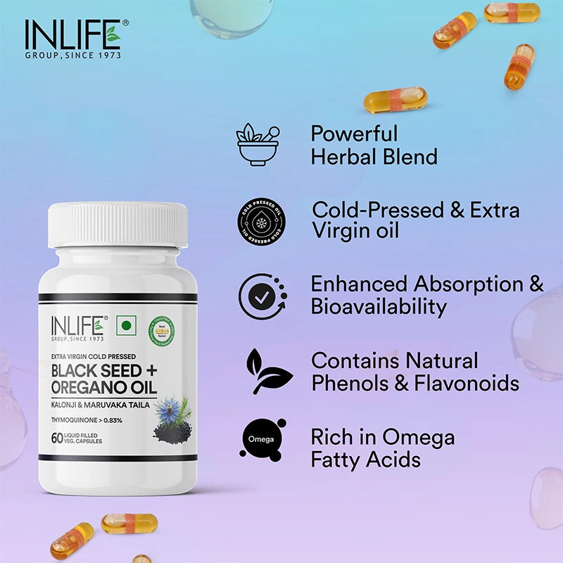 INLIFE Black Seed & Oregano Oil capsules: cold-pressed blend rich in omega-3s, phenols, and flavonoids.