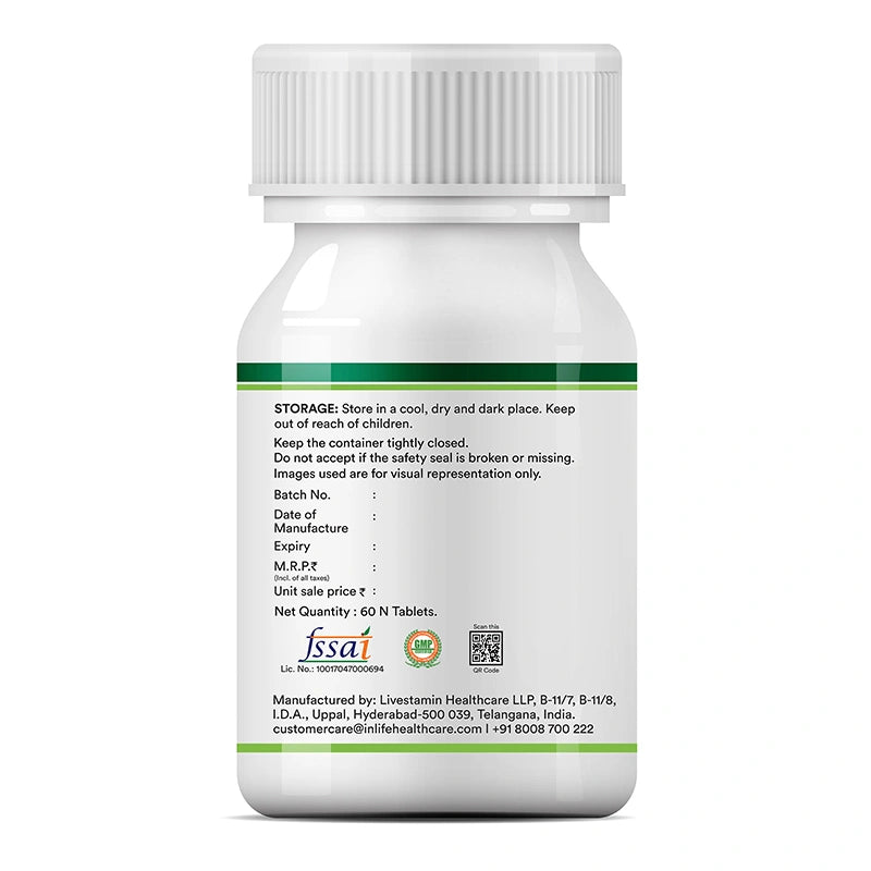 INLIFE Chelated Magnesium Glycinate with Zinc Tablets right side label displaying supplement facts, storage and safety warnings 