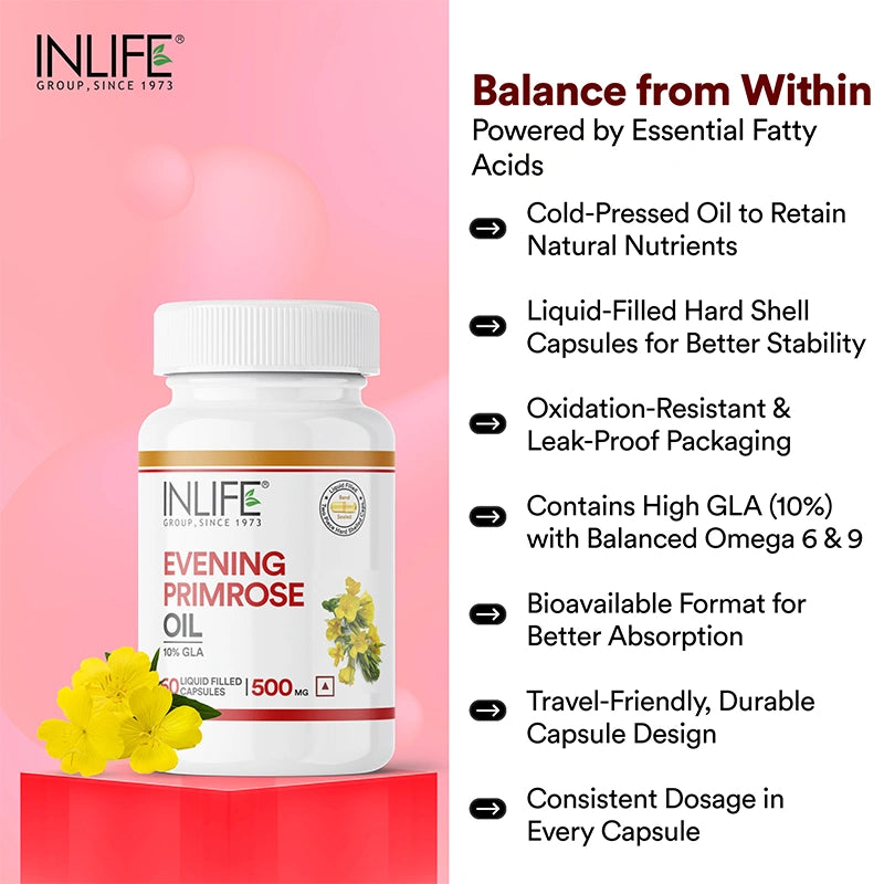 INLIFE evening primrose oil capsule is leak-proof and consists of cold pressed oil to retain the natural nutrients for better absorption and stability.