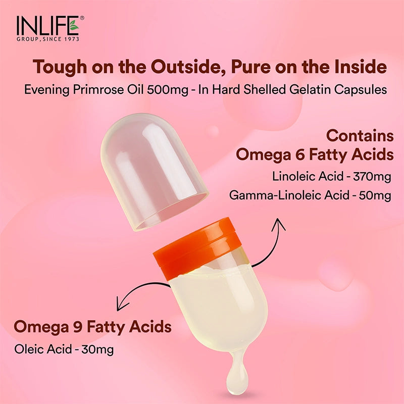 Hard-shelled gelatin capsule of evening primrose oil consists of pure omega-3 and 0mega-9 fatty acids.