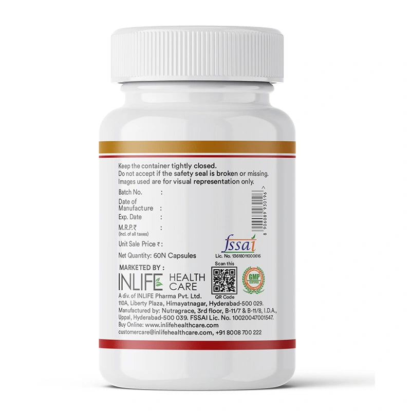 INLIFE Evening primrose oil capsules label displaying the storage, batch and manufacturer, compliance details.