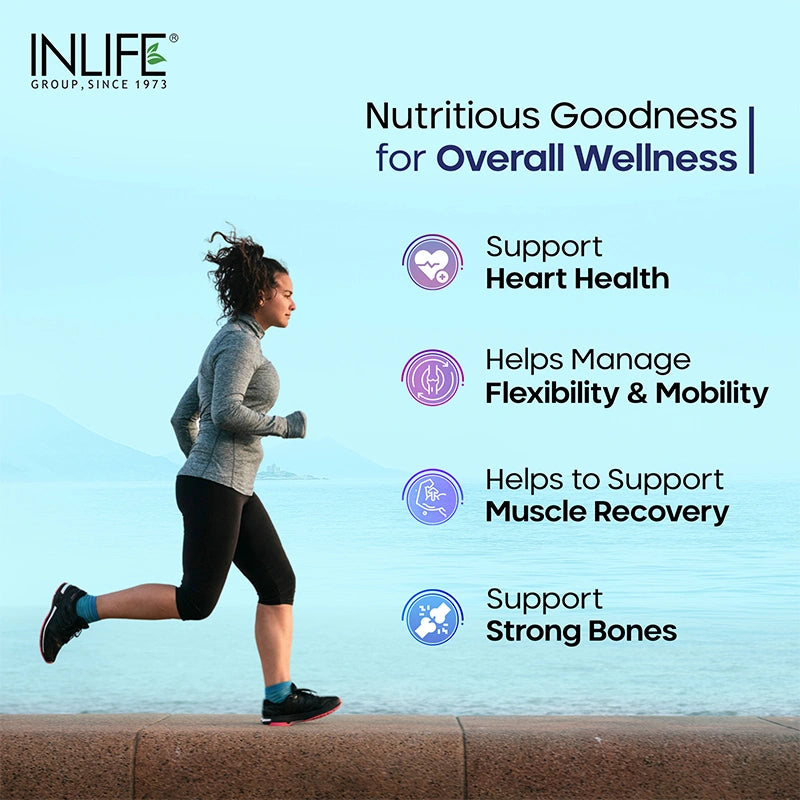 INLIFE Fish Oil Omega 3 benefits graphic. Highlighting targeted support for Heart Health, Cognitive Function, Joint Mobility, and maintaining Healthy Cholesterol Levels with the potent EPA and DHA formula