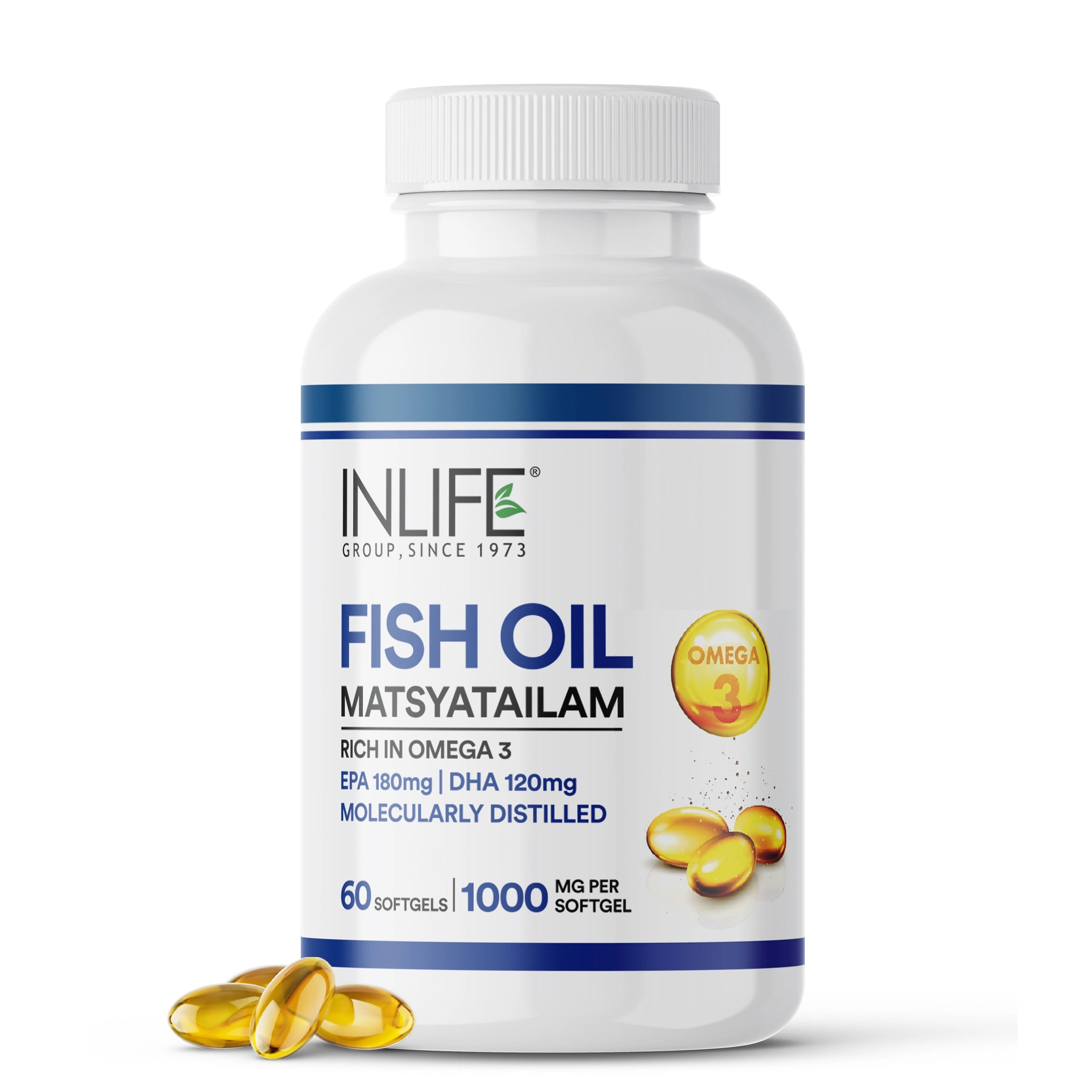 NLIFE Fish Oil Omega 3 supplement bottle (1000mg per serving, 60 lsoftgels) sourced from Sardines (Matsya Tailam). The label prominently displays the active content: EPA 180mg and DHA 120mg.