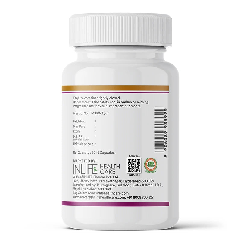 INLIFE Garlic & Coconut Oil capsules label showing storage, batch, mfg., compliance info