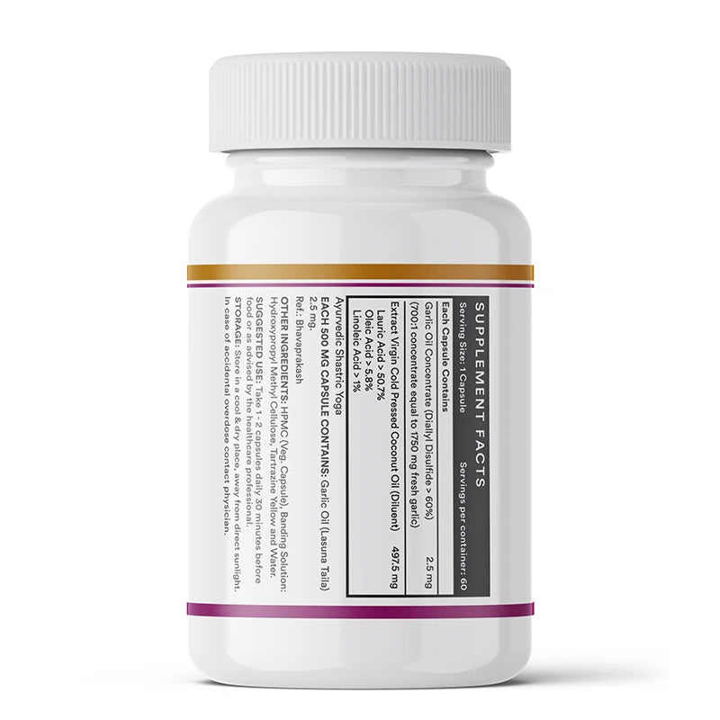 INLIFE Garlic & Coconut Oil capsules label showing supplement facts & suggested usage.