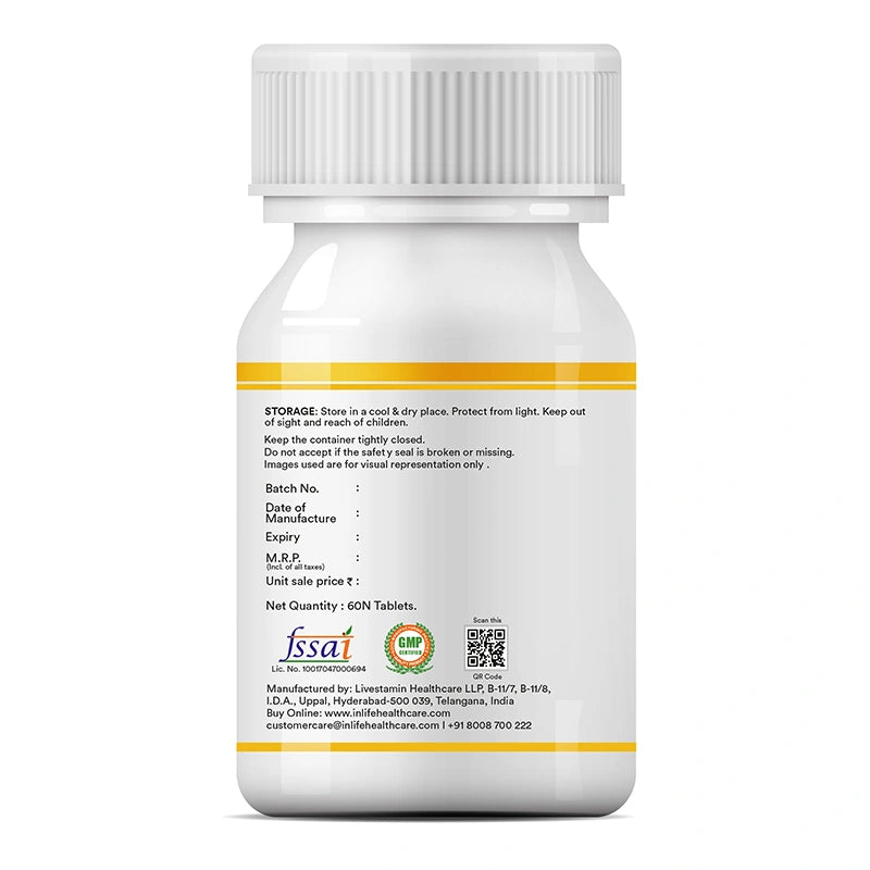 INLIFE Glucosamine MSM Chondroitin tablets label showing storage, mfg., batch, compliance details.