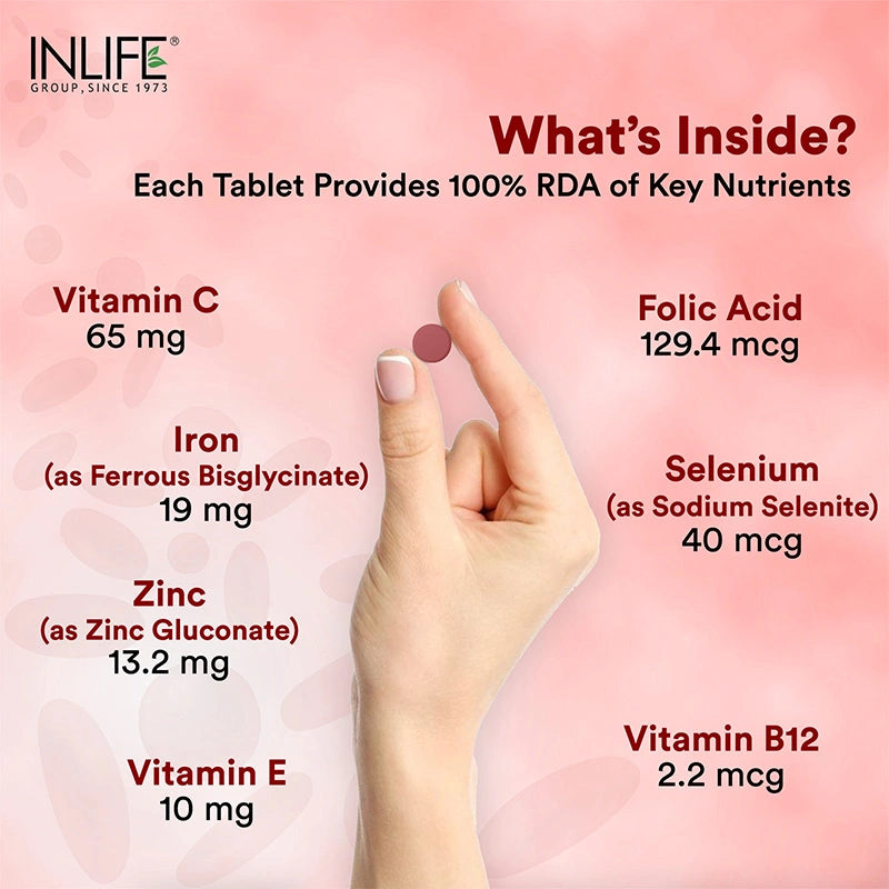 INLIFE Iron Folic Acid tablets enriched with Vit. C&E, Iron, Zinc, Folic Acid, Selenium & B12