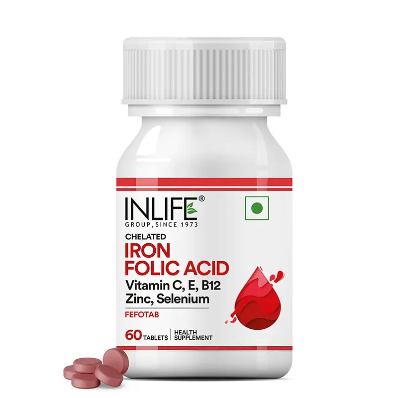 Bottle of 60 chelated INLIFE Iron folic acid tablets with added vitamins C,E,B12, zinc, selenium.