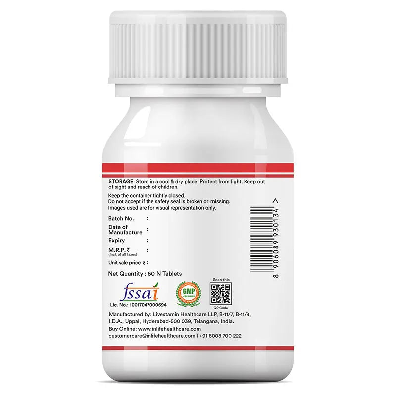 INLIFE Iron Folic Acid tablets displaying storage info, manufacturer and batch details along with compliance badges.