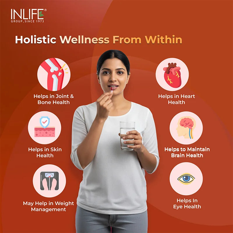 INLIFE Krill Oil Capsules offer key benefits for comprehensive wellness, supporting joint and bone health, cardiovascular health, women's inner wellness, skin health, brain function, and aiding in weight management
