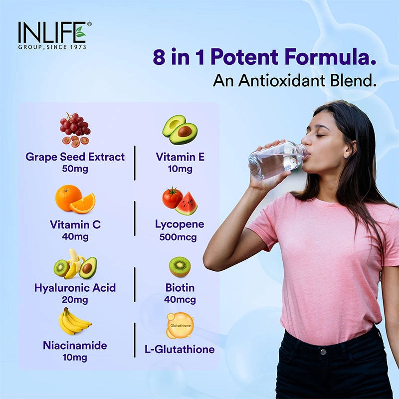 INLIFE L-Glutathione Reduced capsules with Grape seed, Vitamin C, Avocado, Glutathione, Niacinamide, HA, Vitamin E, Lycopene.