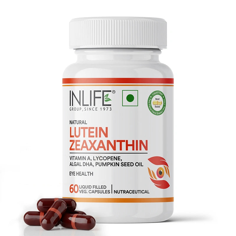Bottle of 60 INLIFE Lutein Zeaxanthin liq. Filled capsules.