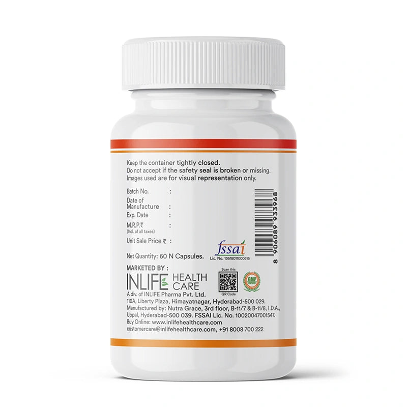 INLIFE Lutein Zeaxanthin capsules label showing storage info, mfg, batch and compliance info.