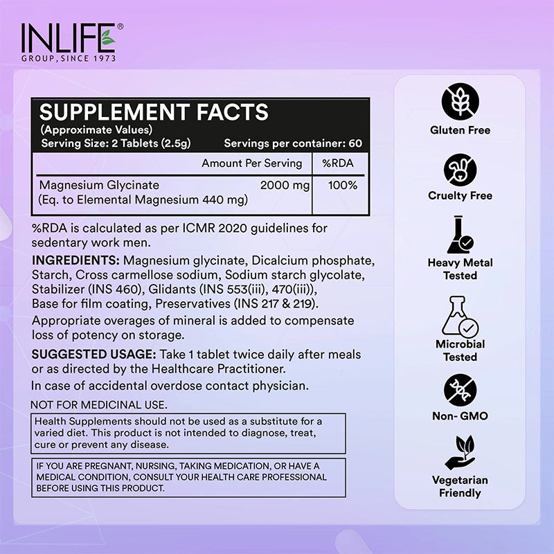INLIFE Mg Glycinate tablets supplement fact, serving size along with product claims
