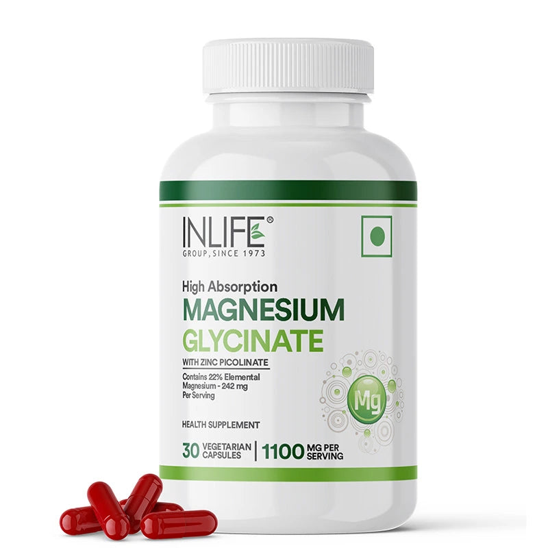 INLIFE 60 High absorption Magnesium Glycinate capsules in bottle offering 22% elemental magnesium