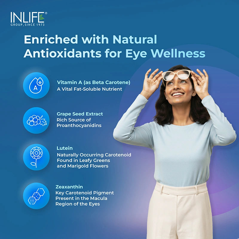 INLIFE Multivitamin & Minerals product graphic highlighting natural antioxidants for eye wellness. It features a smiling woman adjusting her glasses and lists Vitamin A (Beta Carotene), Grape Seed Extract, Lutein, and Zeaxanthin for vision and eye health.