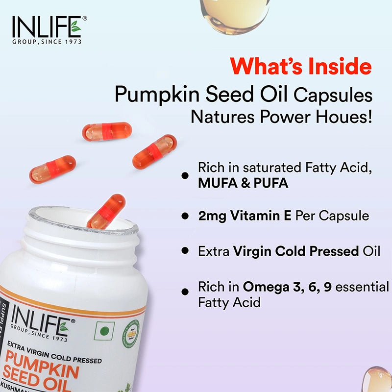 INLIFE Pumpkin Seed Oil liquid-filled capsules with extra-virgin cold-pressed oil and essential omega 3, 6, 9 fatty acids & vitamin E. 