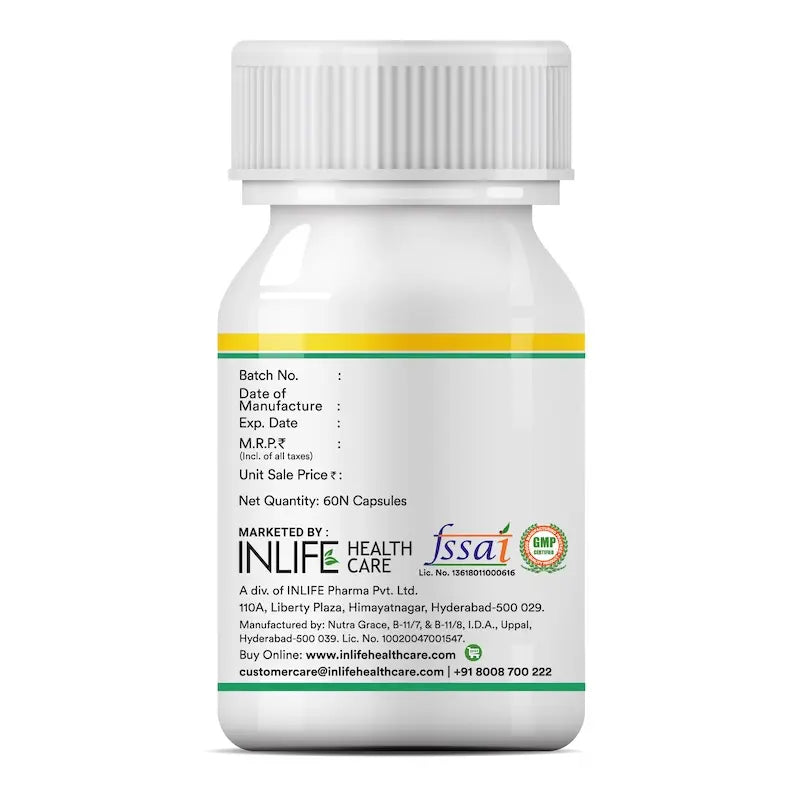 Label of Hing oil capsules displaying storage info, batch & manufacturer details, compliance logos 