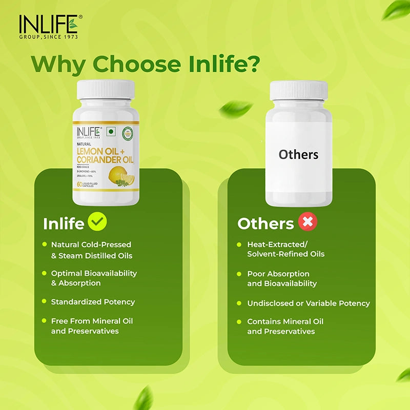 Comparison graphic for INLIFE Lemon + Coriander Oil vs. Others. INLIFE uses Natural Cold-Pressed & Steam Distilled Oils, offers Optimal Absorption, and is Free From Mineral Oil and Preservatives, contrasted with competitors that may use Heat-Extracted oils, have Poor Absorption, and contain Mineral Oil