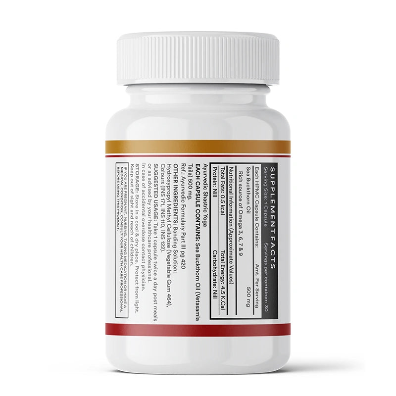 Label of sea buckthorn oil capsules displaying storage info, batch & manufacturer details, compliance logos 