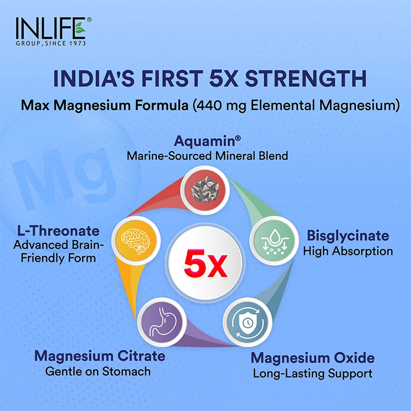 Inlife 5X Magnesium Complex 2000mg with Zinc, Vitamin C, D3, B12 Veg. Tablets