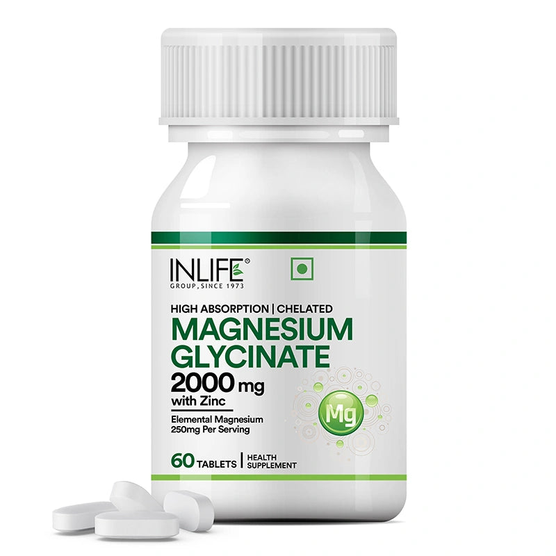 INLIFE Chelated Magnesium Glycinate with Zinc Tablets bottle front image with tablets, high absorption chelated magnesium formula for muscle, nerve and daily mineral support