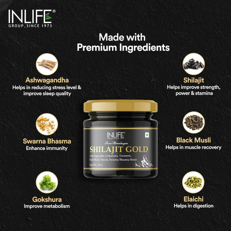 Inlife Shilajit Gold Resin with Ashwagandha, Tribulus, Turmeric, Kali Musli | 20g