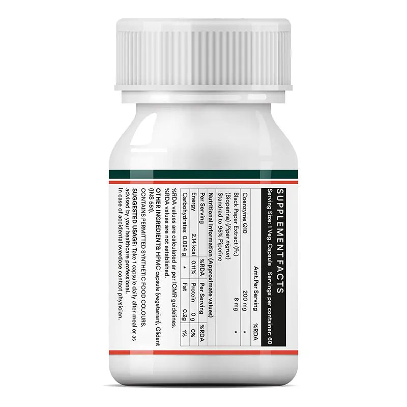 Inlife Coenzyme Q10+ Bioperine left image with suppleemnt facts + suggested usage