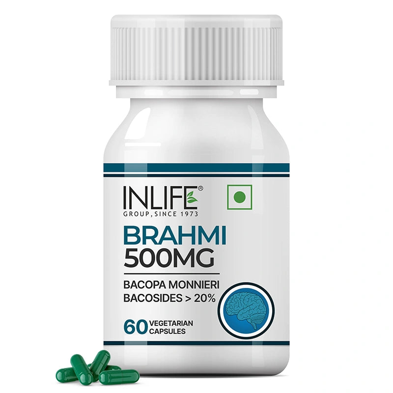 Inlife Brahmi extract front bottle. Image with capsules