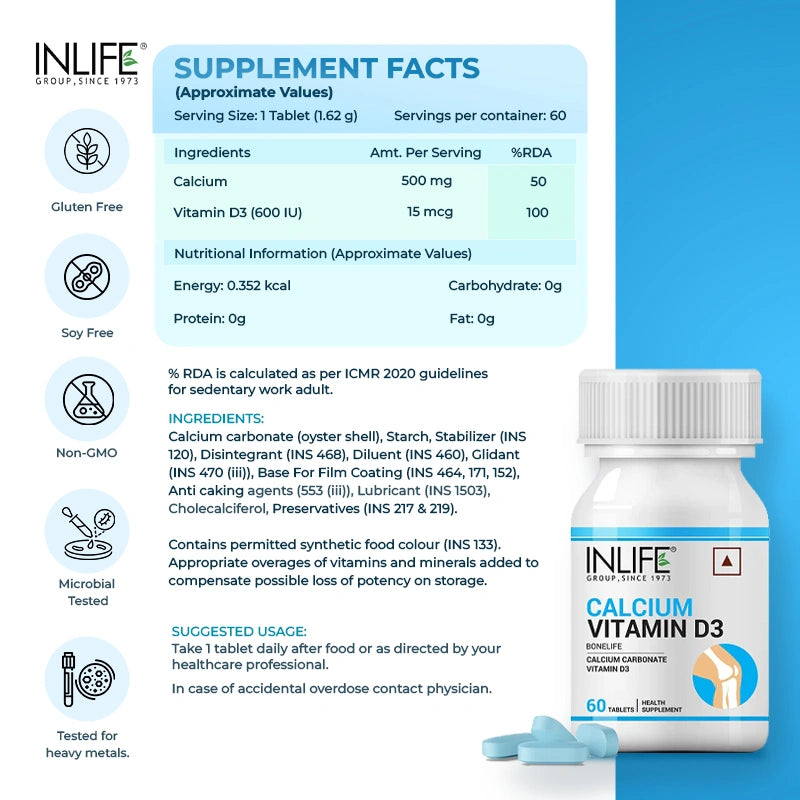 INLIFE Calcium + Vitamin D3 with supplement facts; non-GMO, gluten-free, soy-free, microbial and heavy metal tested.